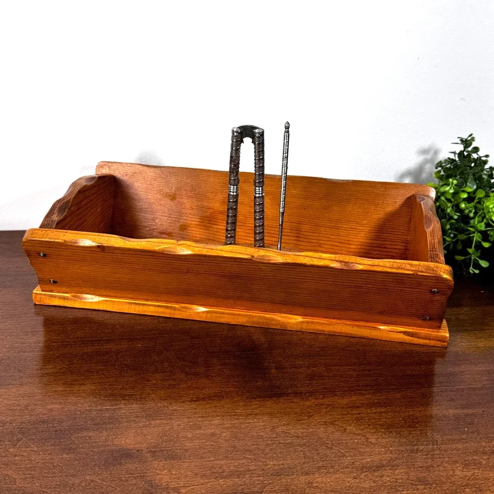 Vintage Handcrafted Wood Nut Cracker Bowl w/ 1 Crackers & 1 Pick Tray Box 7x13